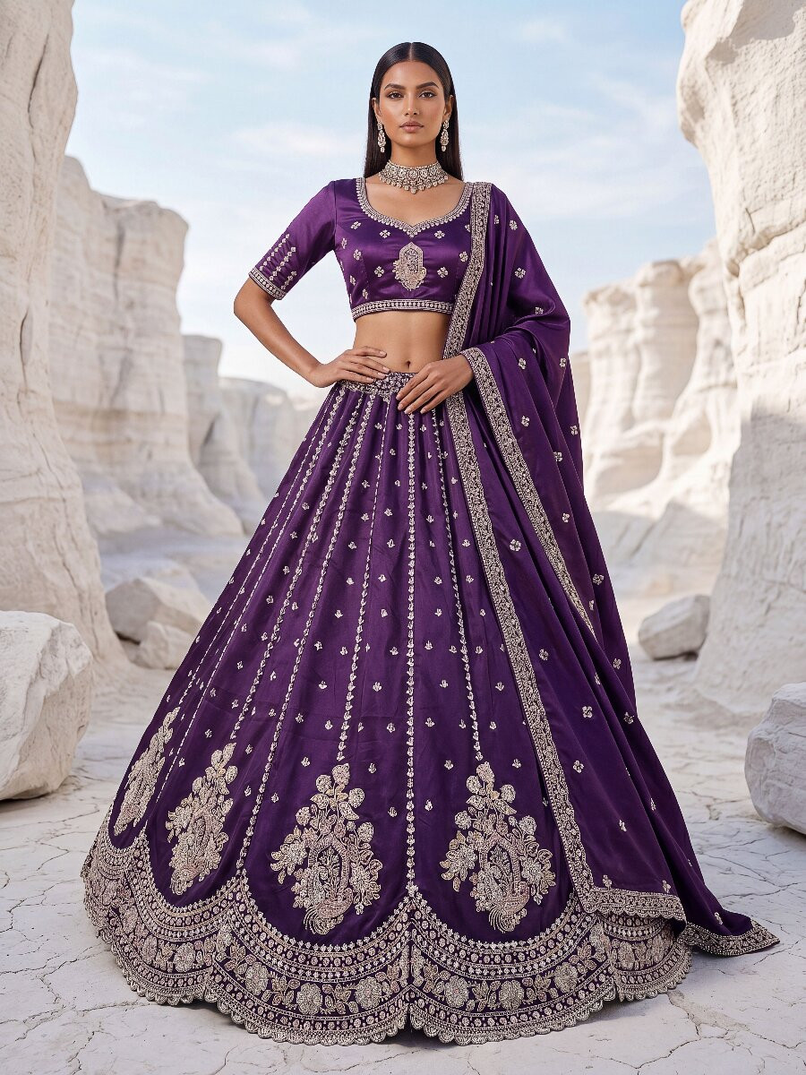 Voilet Silk Embroidery Zari Sequins Wedding Reception Party Festival Heavy Border Lehenga Choli