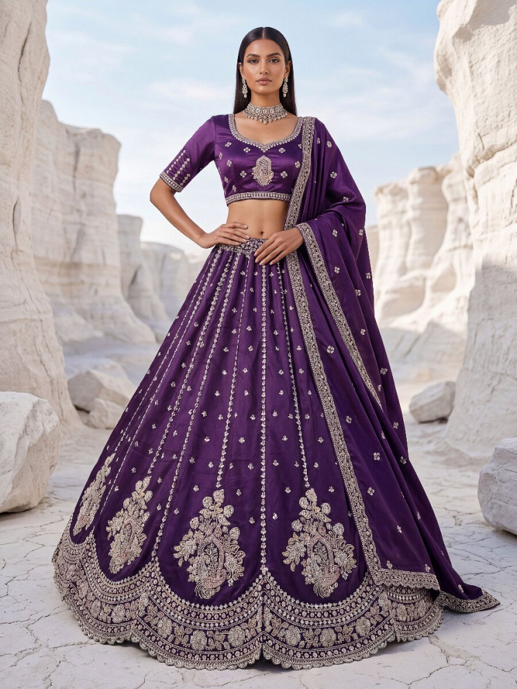 Image of Voilet Silk Embroidery Zari Sequins Wedding Reception Party Festival Heavy Border Lehenga Choli
