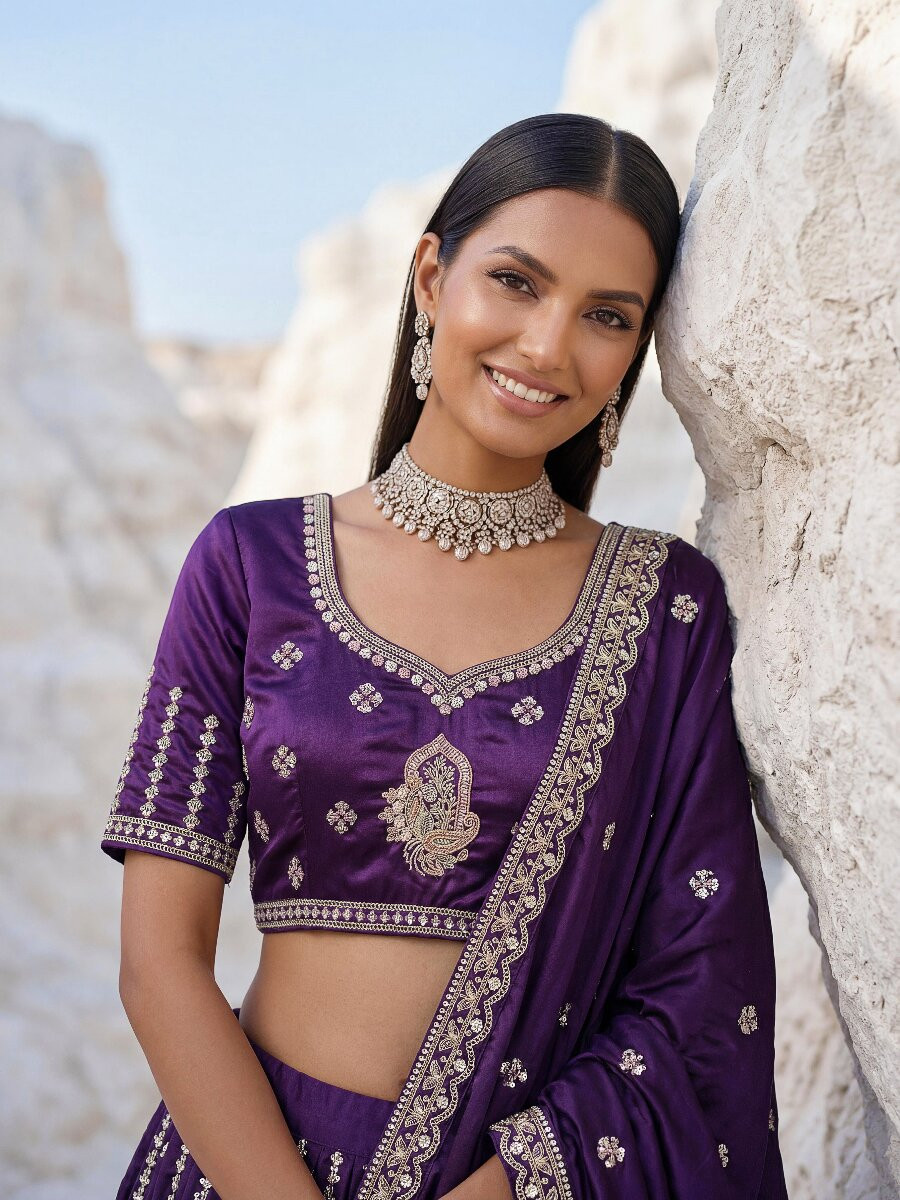 Voilet Silk Embroidery Zari Sequins Wedding Reception Party Festival Heavy Border Lehenga Choli