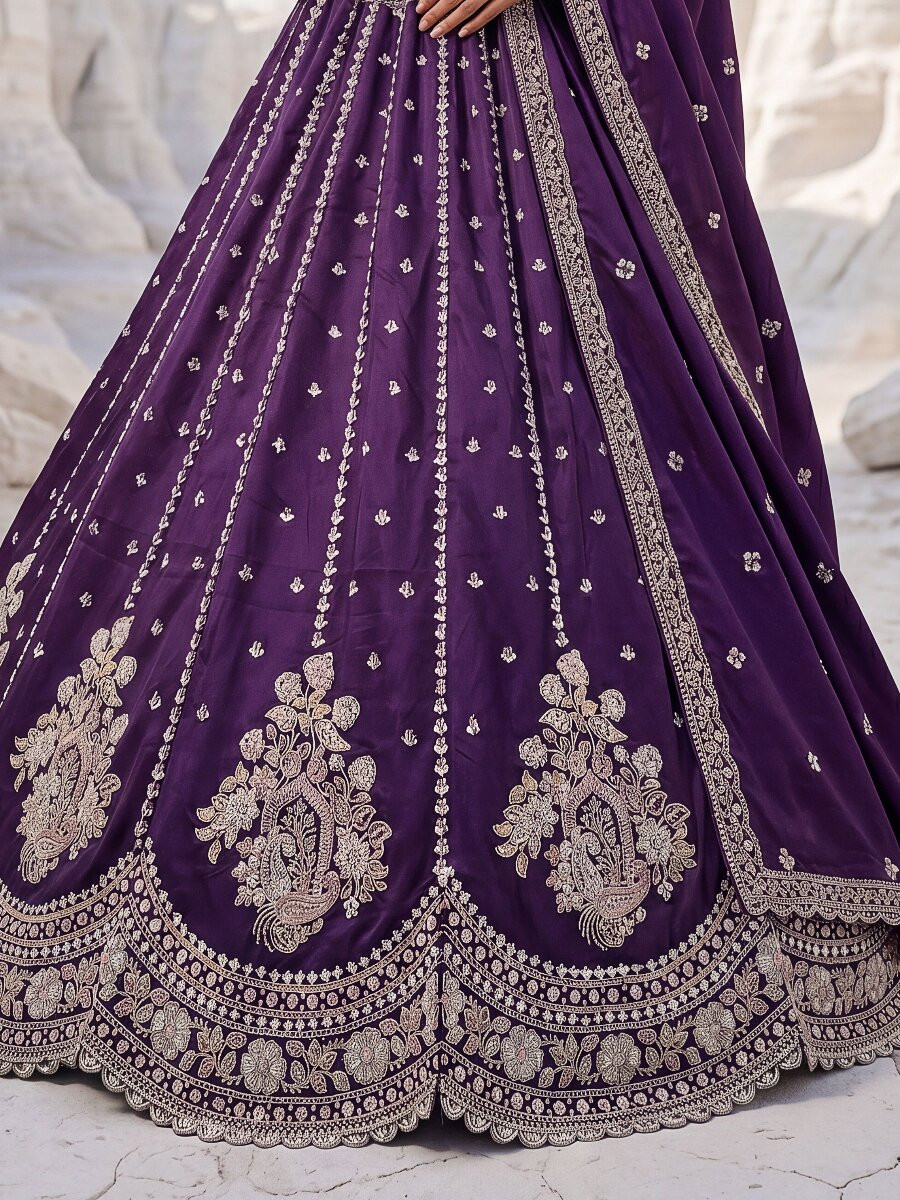 Voilet Silk Embroidery Zari Sequins Wedding Reception Party Festival Heavy Border Lehenga Choli