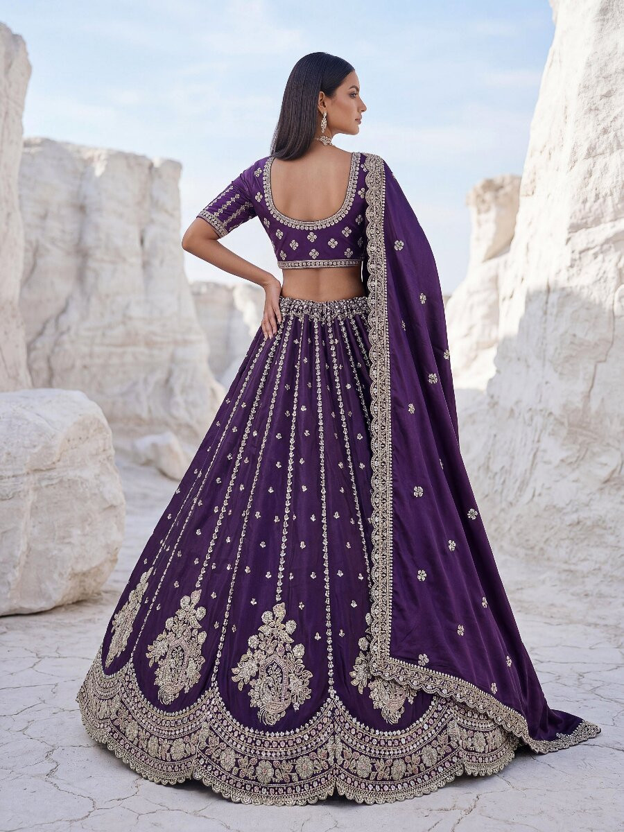 Voilet Silk Embroidery Zari Sequins Wedding Reception Party Festival Heavy Border Lehenga Choli