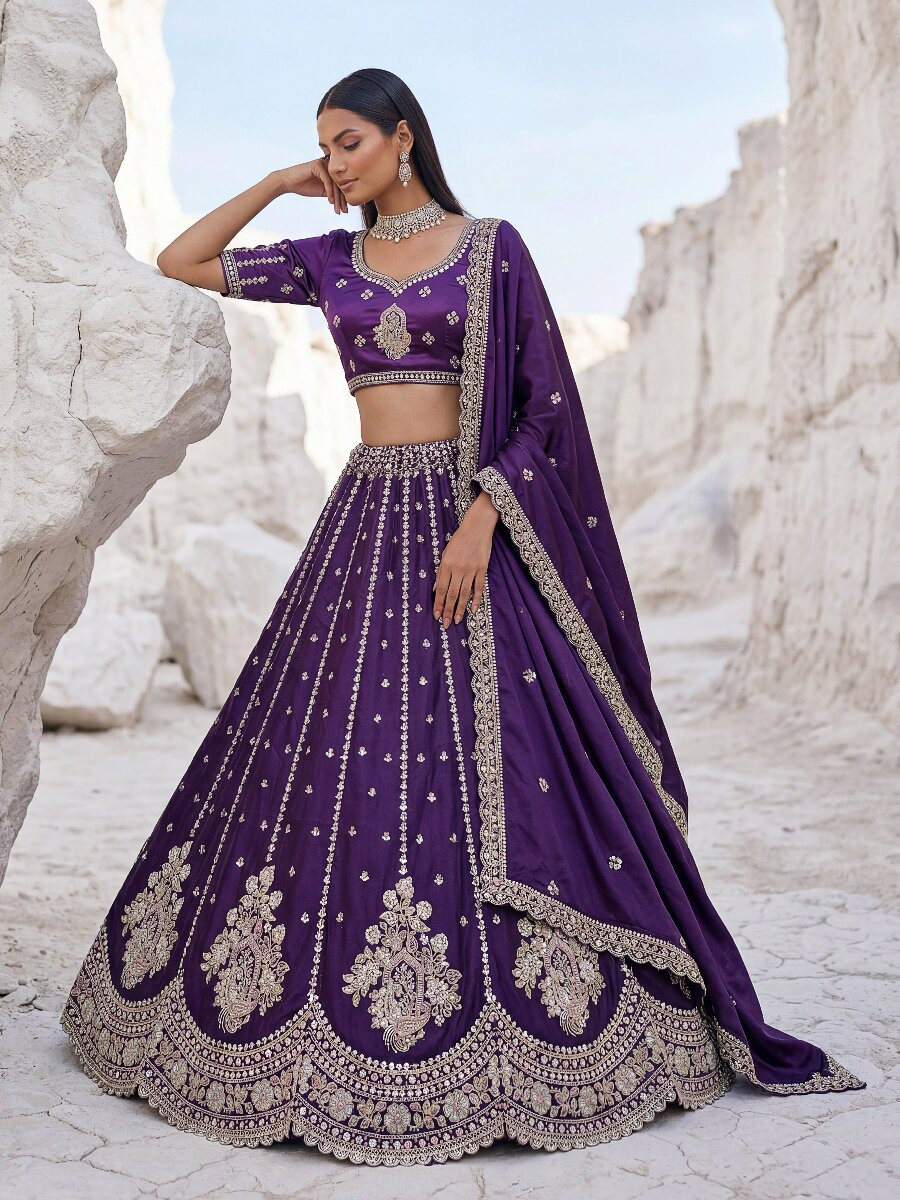 Voilet Silk Embroidery Zari Sequins Wedding Reception Party Festival Heavy Border Lehenga Choli