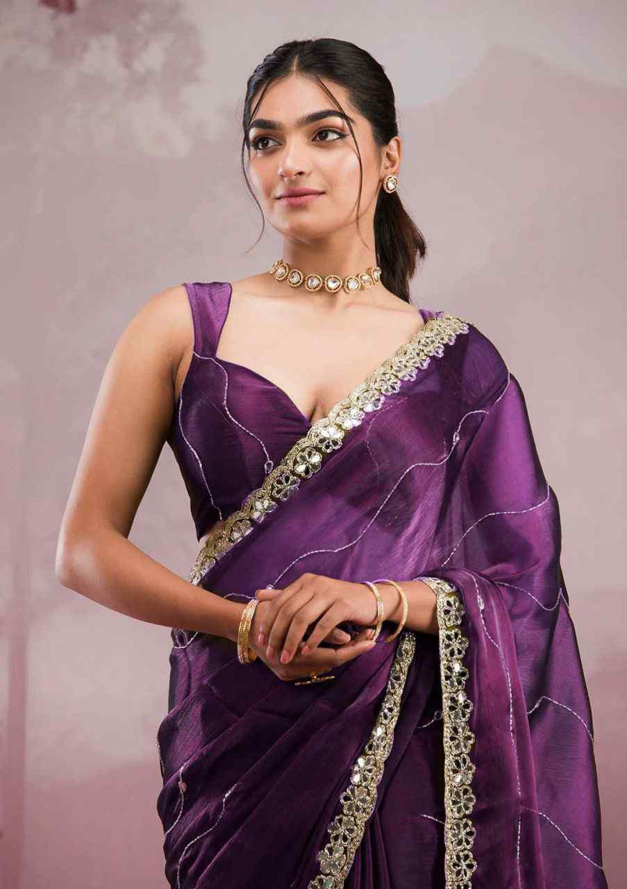 Voilet Soft Burberry Silk Embroidered Festival Wedding Fancy Heavy Border Saree