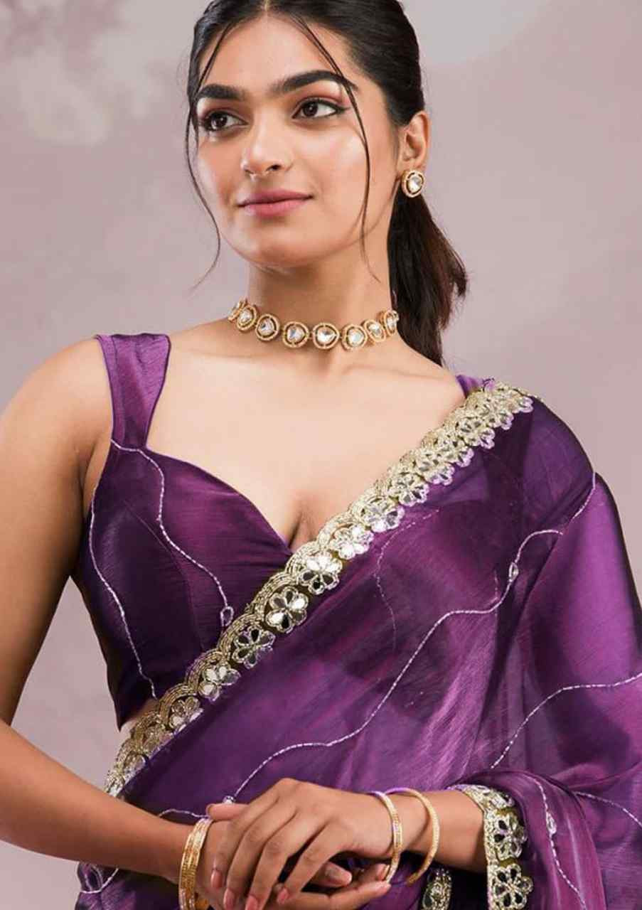 Voilet Soft Burberry Silk Embroidered Festival Wedding Fancy Heavy Border Saree
