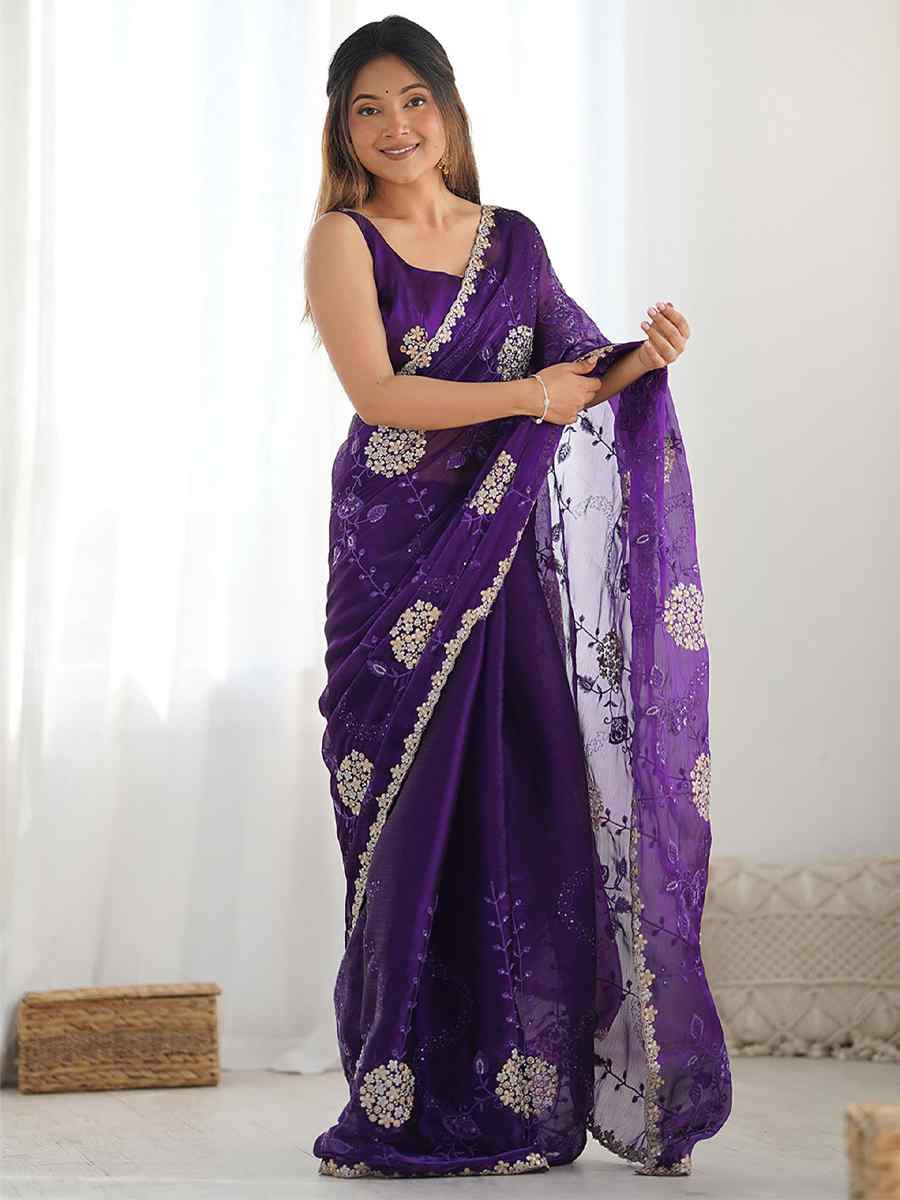 Voilet Zimmy choo chiffon Handwoven Embroidered Festival Wedding Heavy Border Saree
