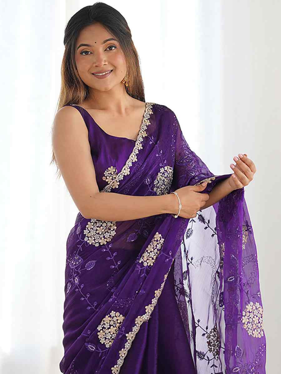 Voilet Zimmy choo chiffon Handwoven Embroidered Festival Wedding Heavy Border Saree