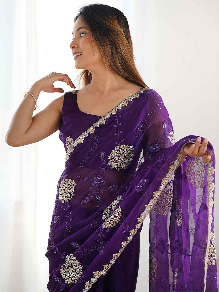 Voilet Zimmy choo chiffon Handwoven Embroidered Festival Wedding Heavy Border Saree