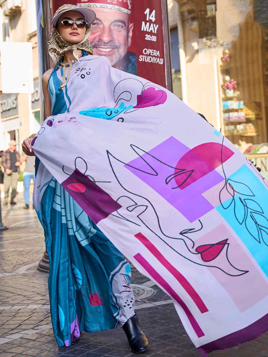 Water Blue Purple Pure Crepe Silk Printed Casual Festival Contemporary Saree