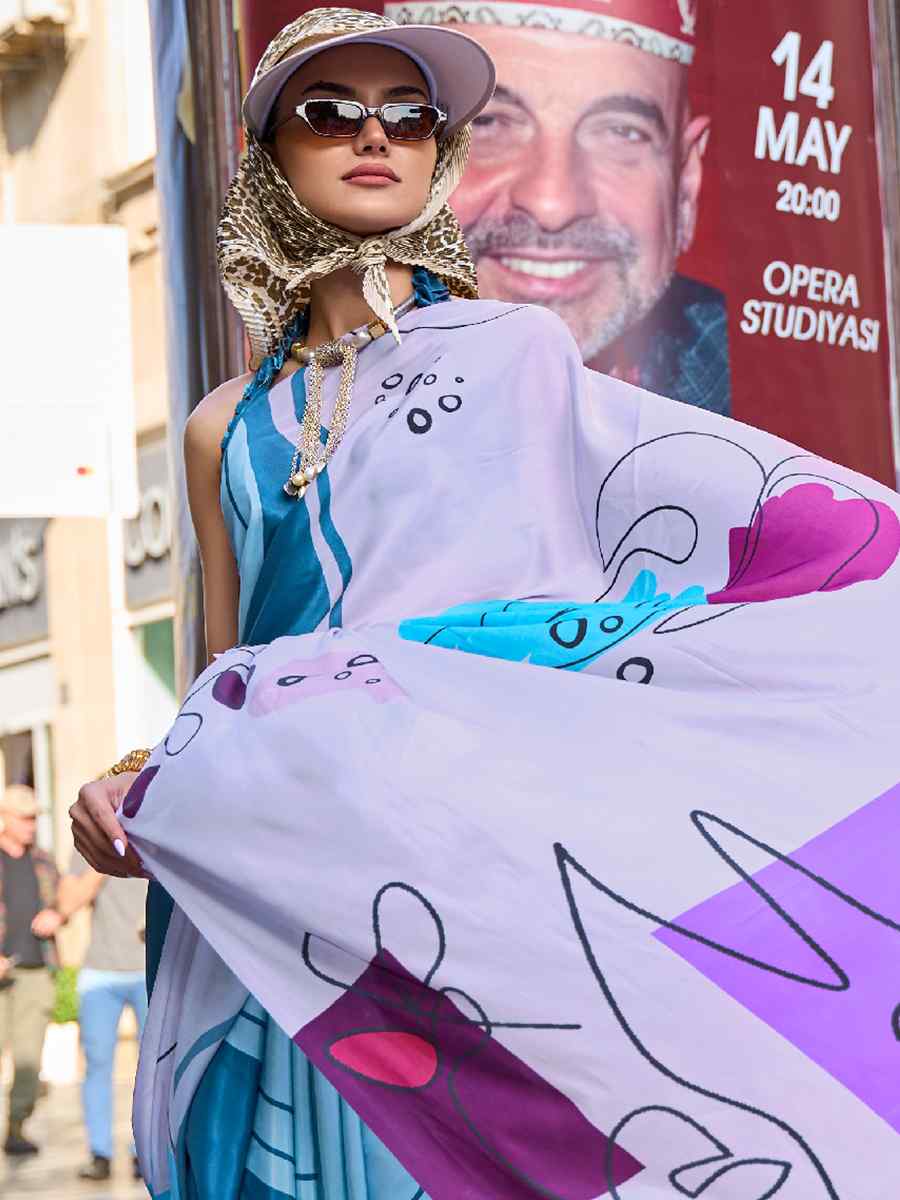 Water Blue Purple Pure Crepe Silk Printed Casual Festival Contemporary Saree