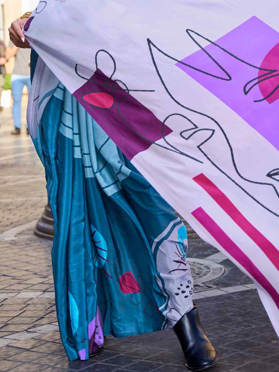 Water Blue Purple Pure Crepe Silk Printed Casual Festival Contemporary Saree