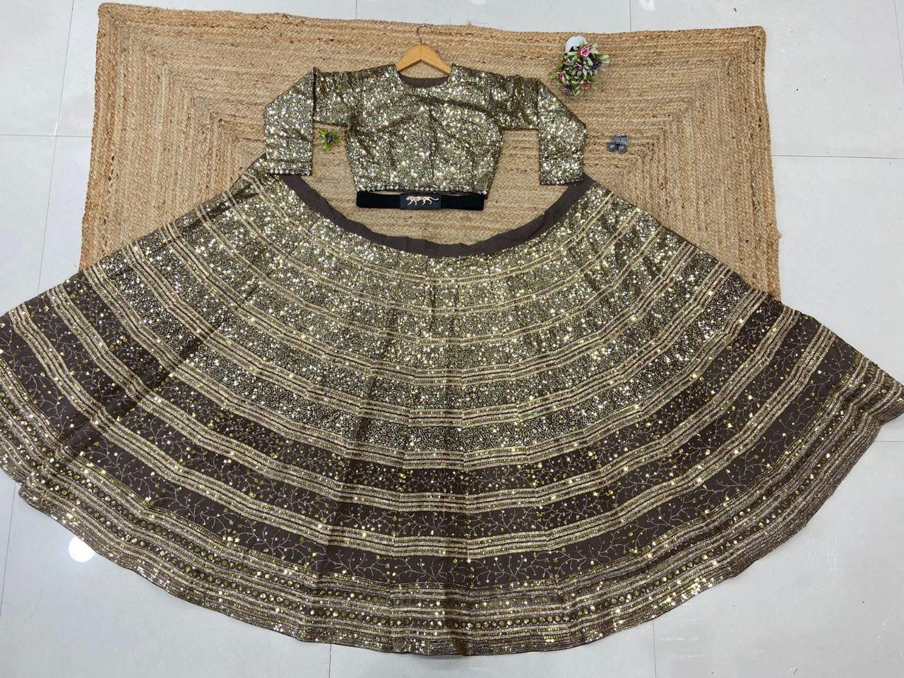 Beige Golden Premium Faux Georgette Embroidered Reception Wedding Heavy Border Lehenga Choli