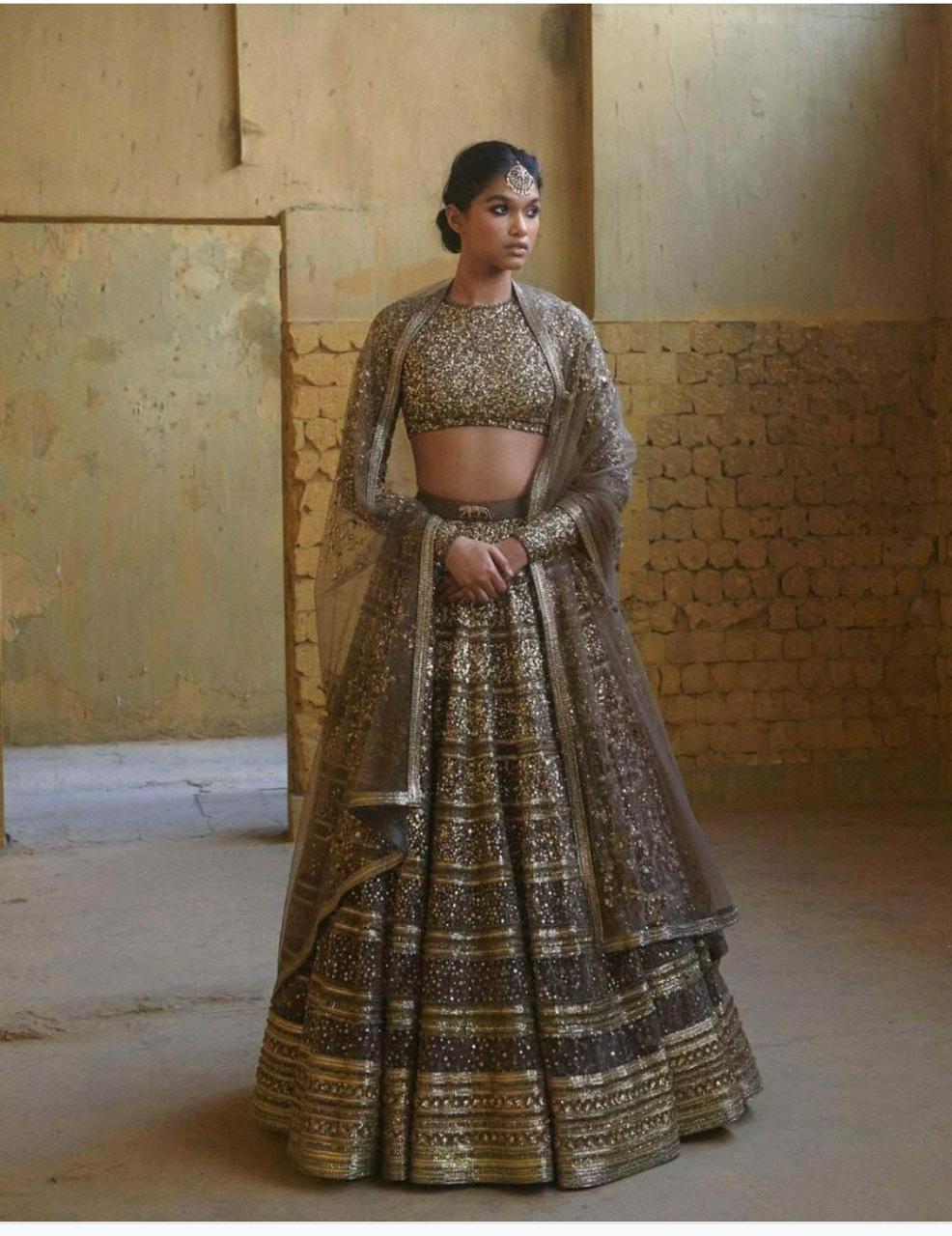 Beige Golden Premium Faux Georgette Embroidered Reception Wedding Heavy Border Lehenga Choli