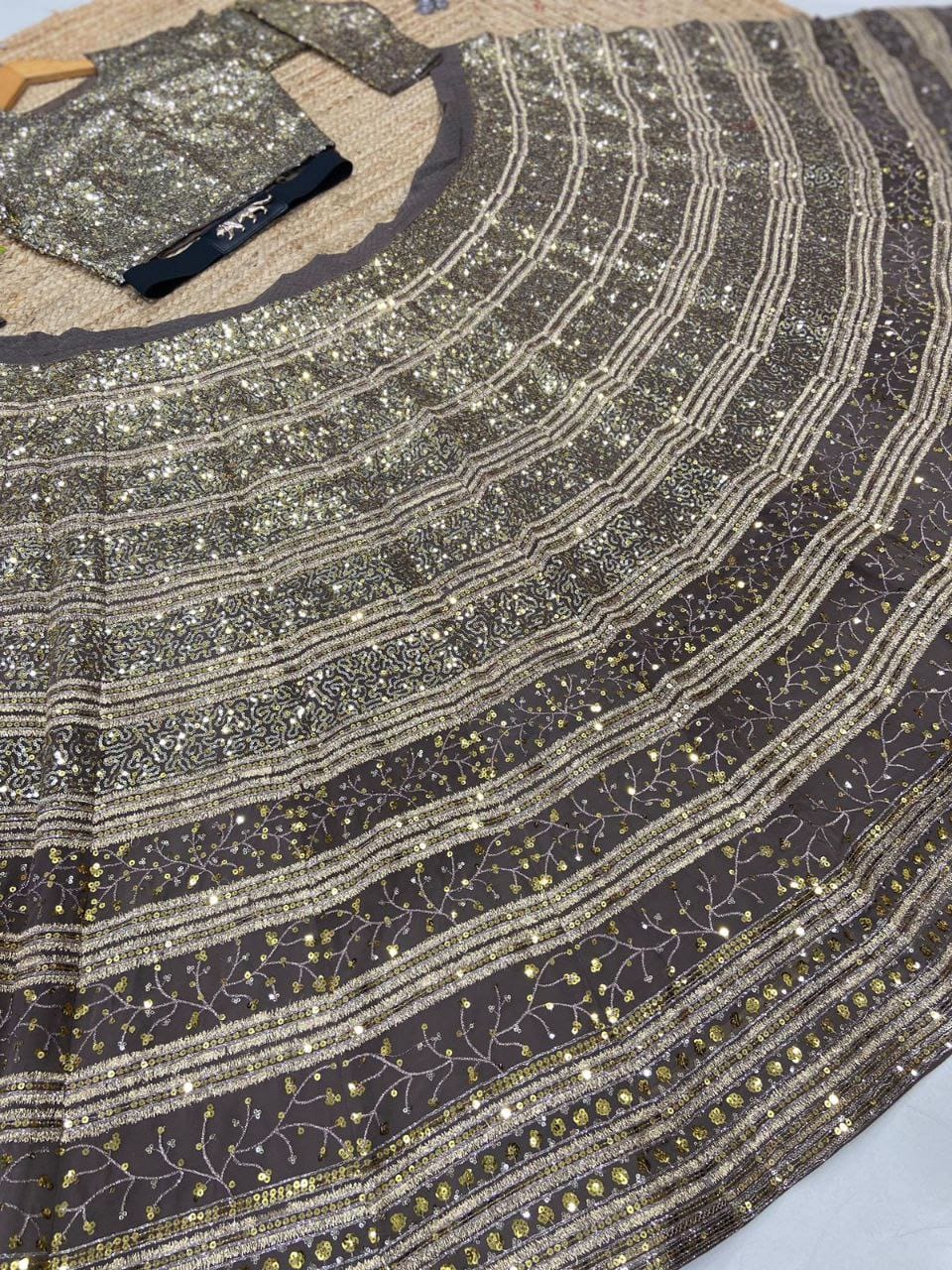 Beige Golden Premium Faux Georgette Embroidered Reception Wedding Heavy Border Lehenga Choli