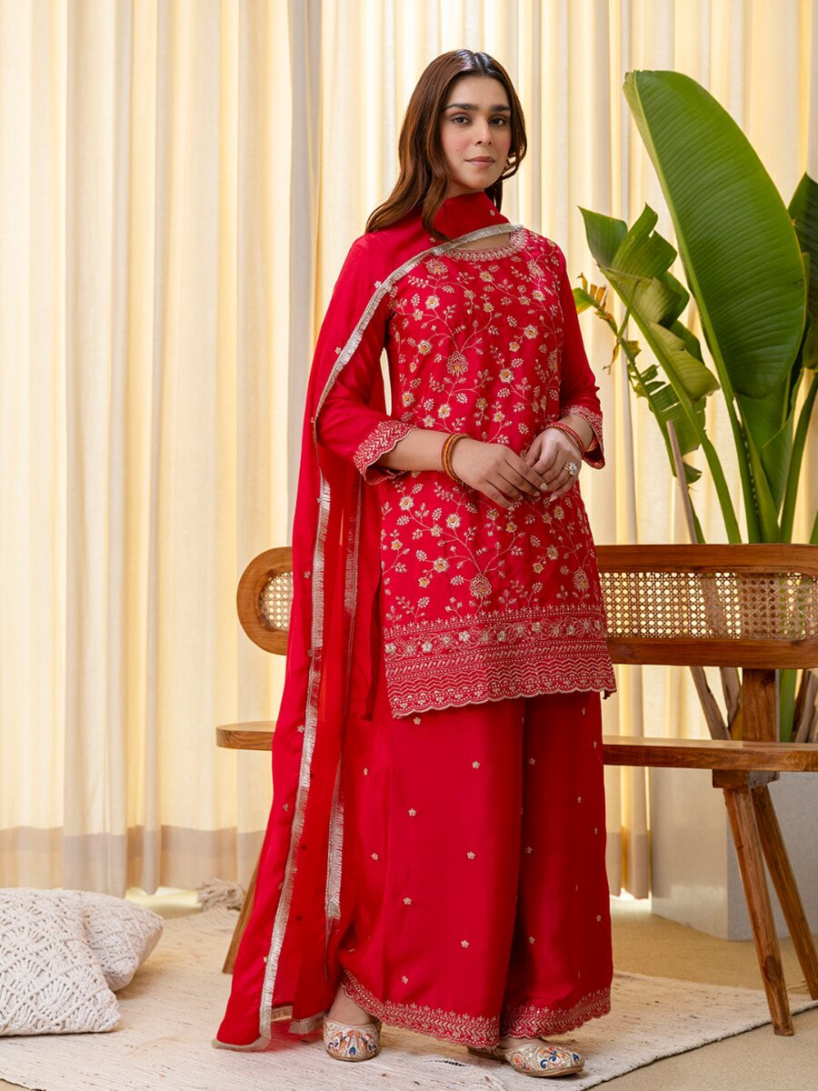 Rani Pink Silk Blend Embroidery Wedding Festival Party Ready Palazzo Pant Salwar Kameez