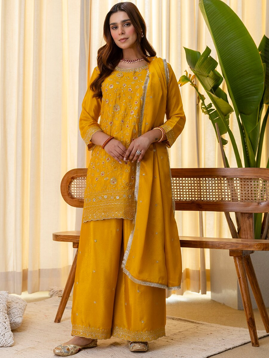 Mustard Silk Blend Embroidery Wedding Festival Party Haldi Ready Palazzo Pant Salwar Kameez
