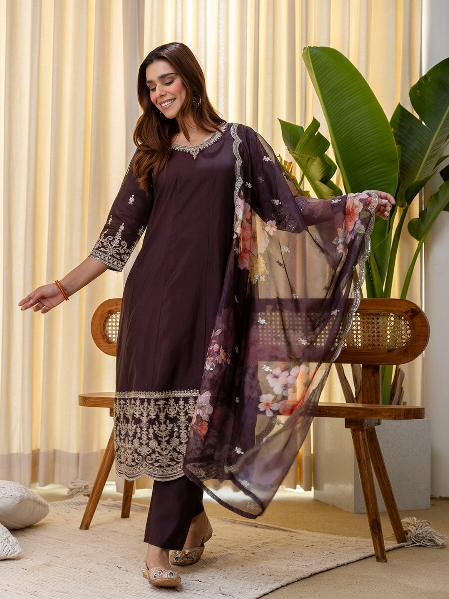 Brown Silk Blend Embroidery Sequins Wedding Festival Casual Party Ready Pant Salwar Kameez