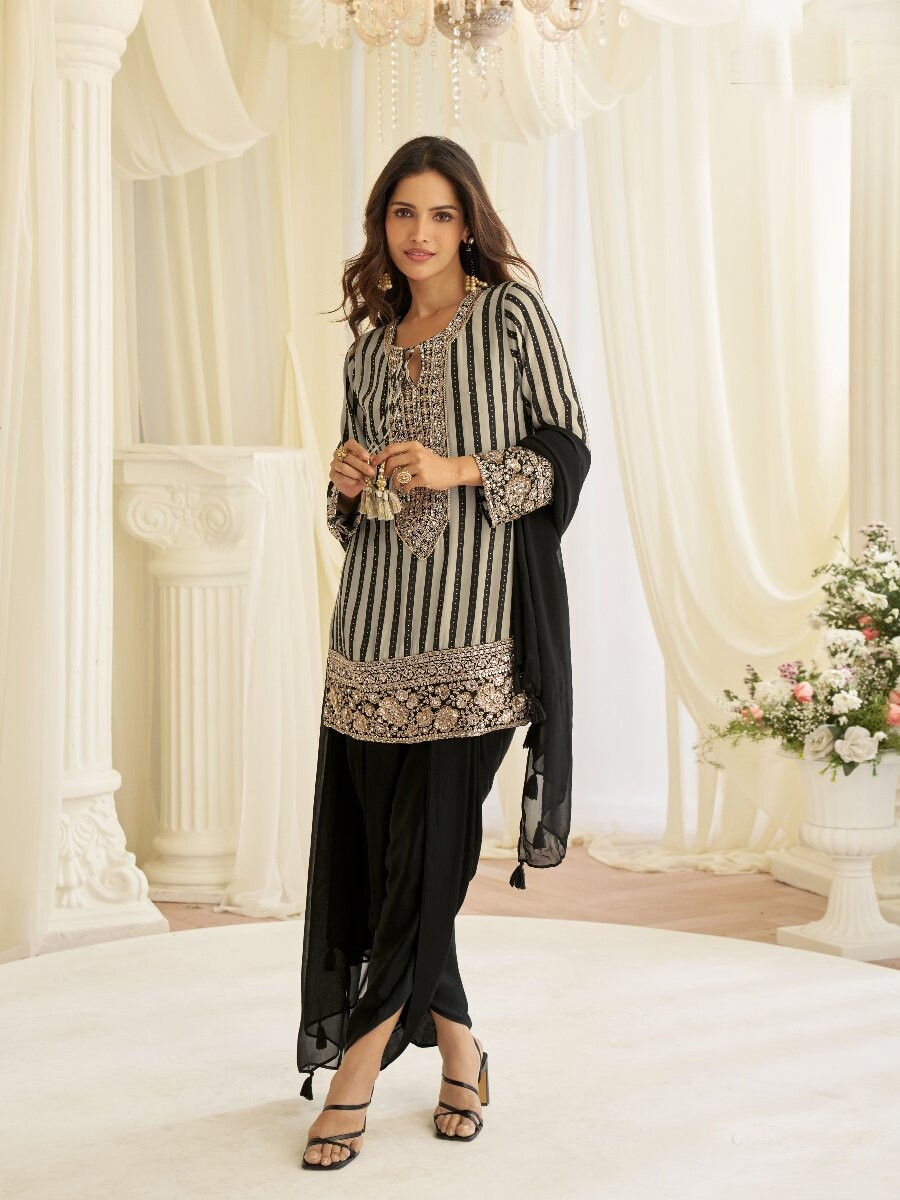 Black Premium Natural Crep Silk Embroidery Sequins Zari Wedding Party Festival Casual Ready Dhoti Salwar Kameez