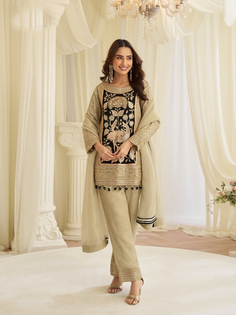 Chiku Premium Shimmer Silk Embroidery Sequins Zari Stone Work Wedding Party Festival Casual Ready Palazzo Pant Salwar Kameez