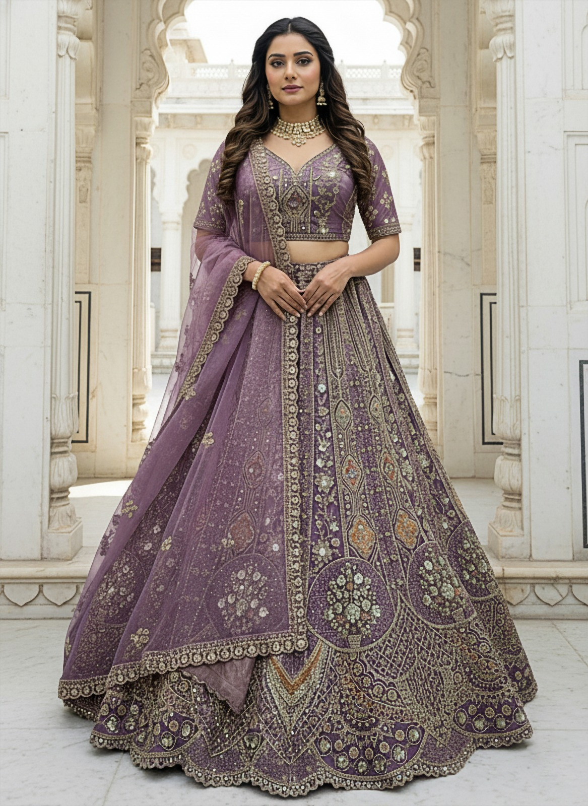 Lavender Premium Organza Embroidery Wedding Reception Festival Party Wear Heavy Border Lehenga Choli