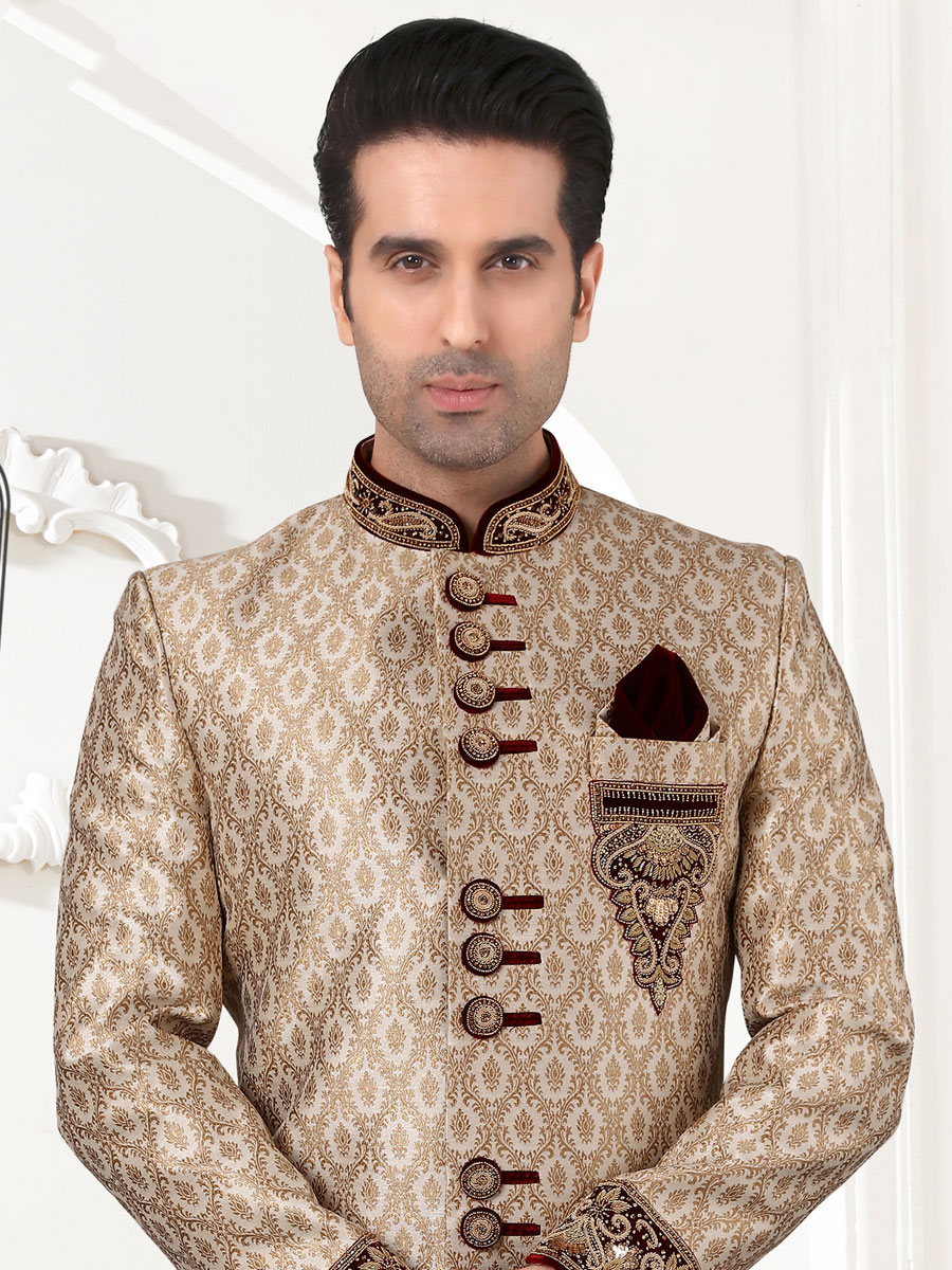 Wheat Brown Banarasi Brocade Embroidered Festival Sherwani