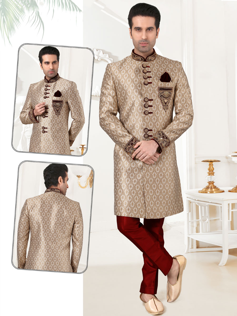 Wheat Brown Banarasi Brocade Embroidered Festival Sherwani