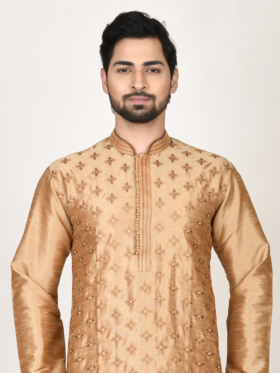 Wheat Brown Dupion Silk Embroidered Party Kurta