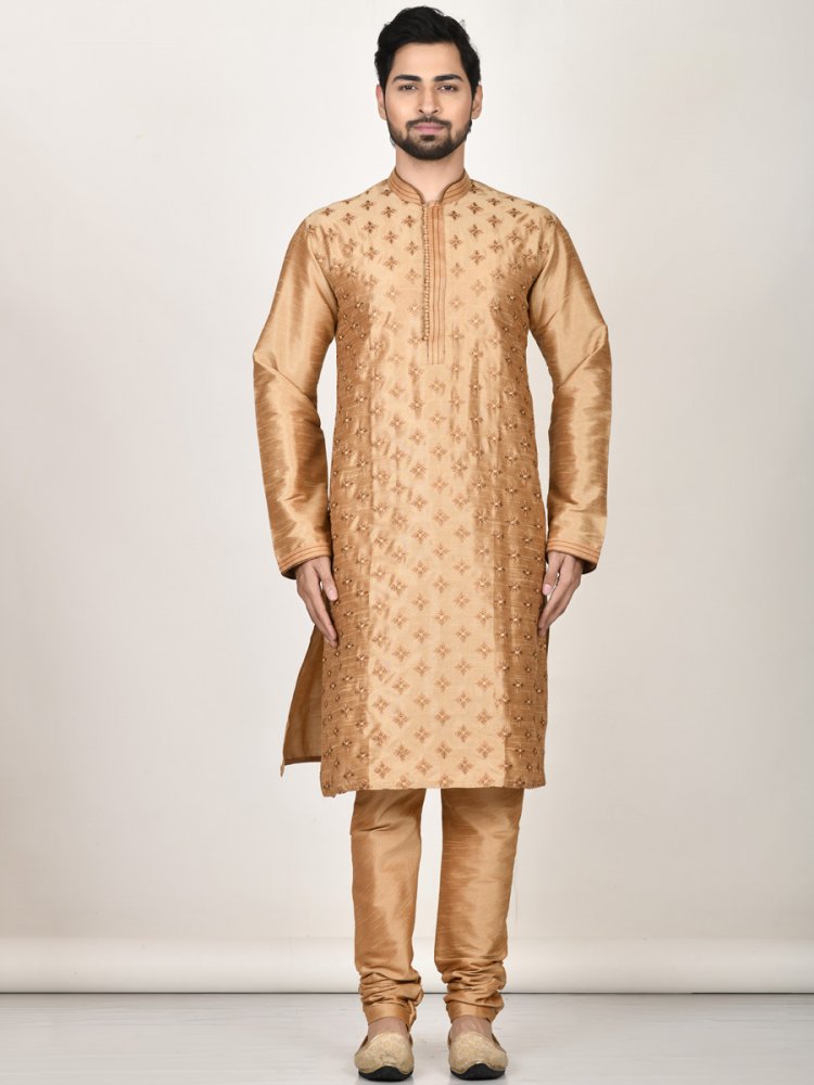 Wheat Brown Dupion Silk Embroidered Party Kurta