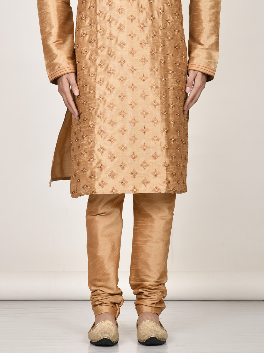 Wheat Brown Dupion Silk Embroidered Party Kurta