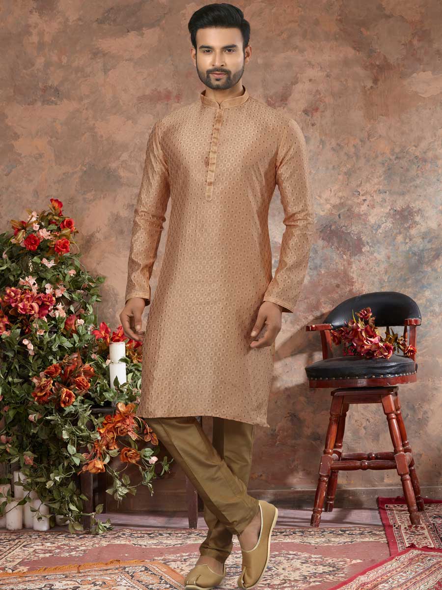 Wheat Brown Jacquard Embroidered Festival Kurta Set