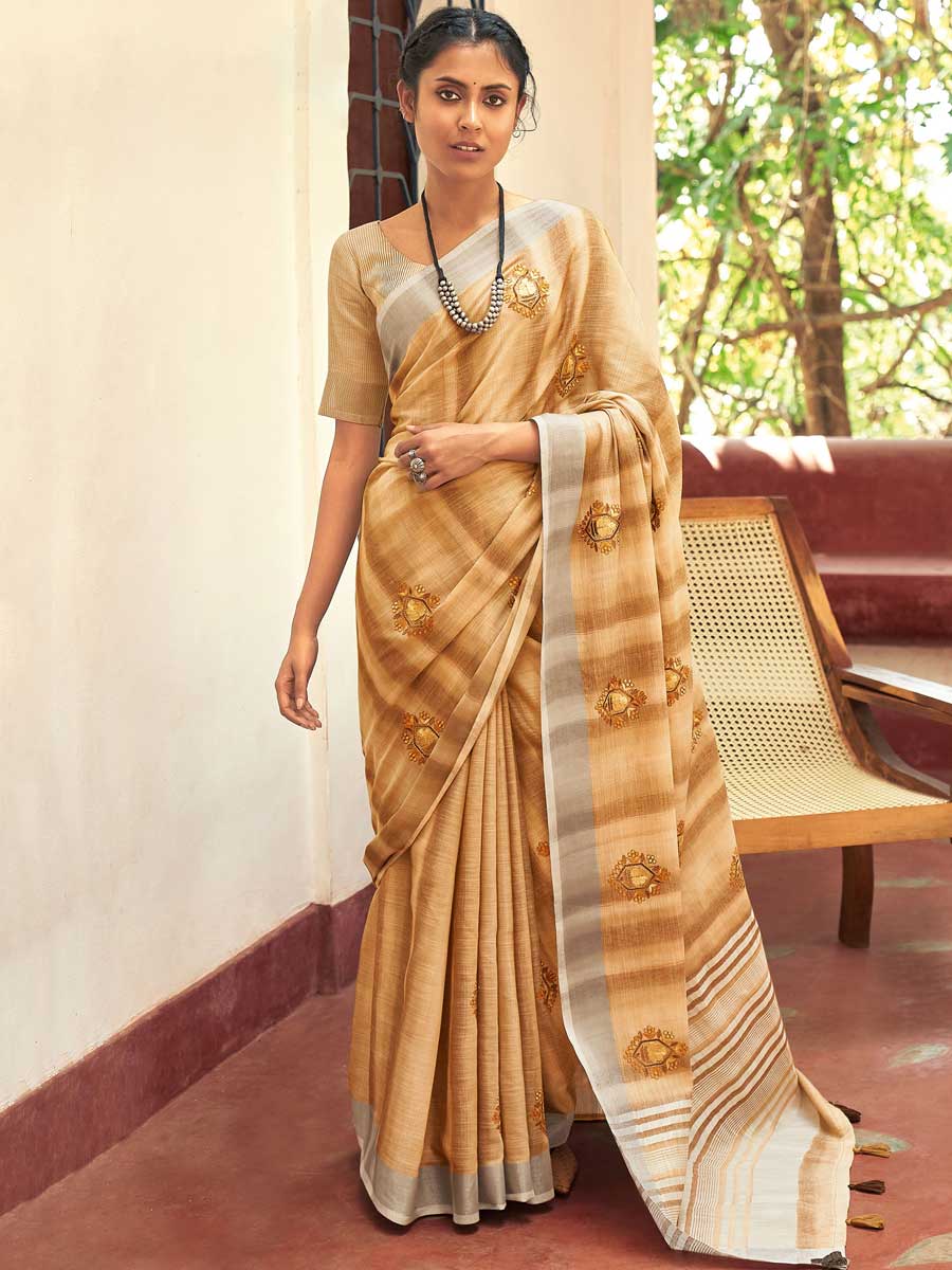 Wheat Brown Linen Embroidered Festival Saree