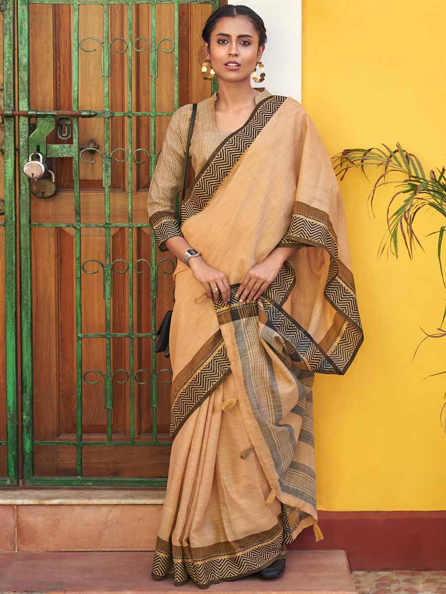 Wheat Brown Linen Plain Festival Saree