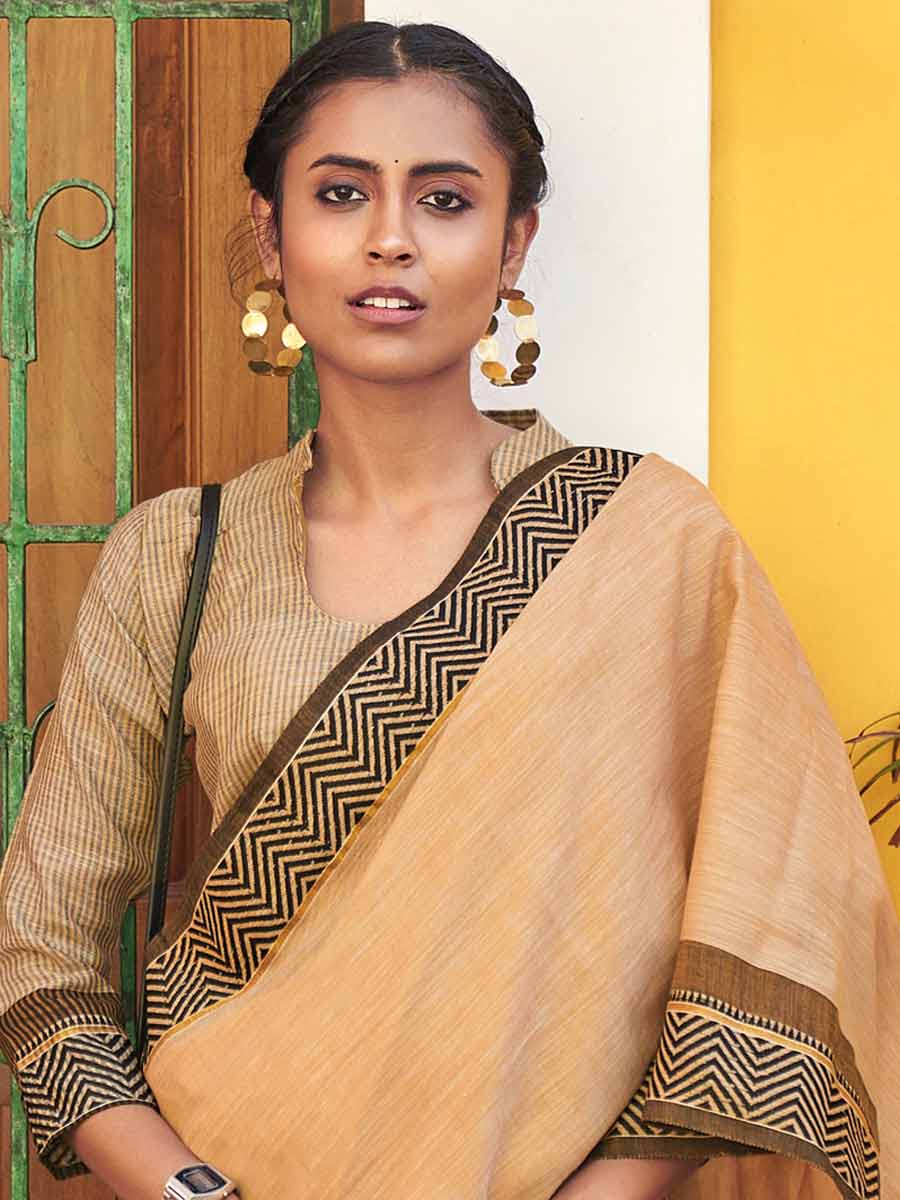 Wheat Brown Linen Plain Festival Saree