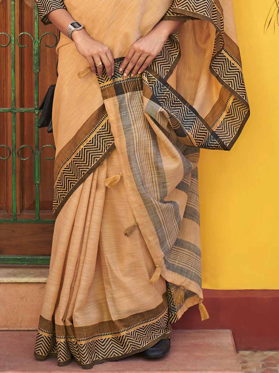 Wheat Brown Linen Plain Festival Saree