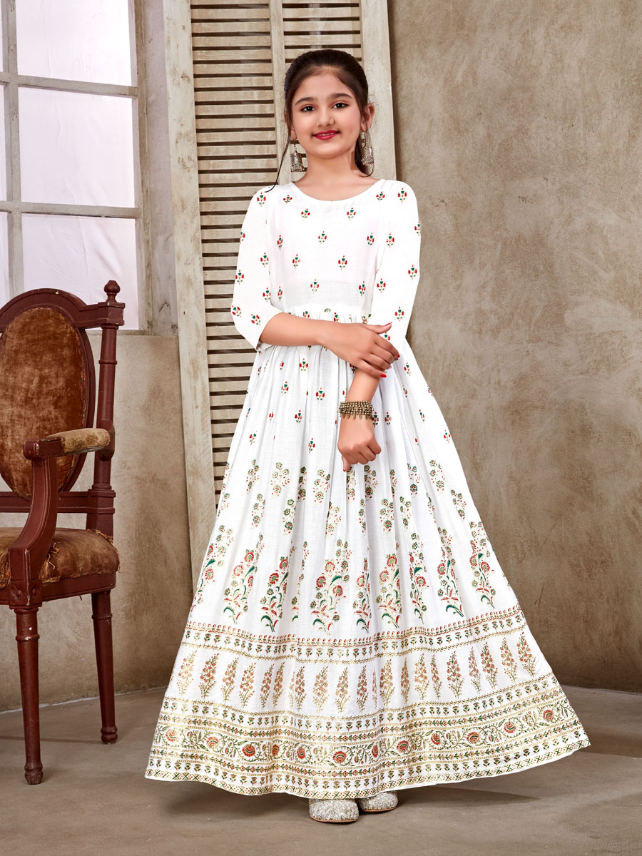 White 14 KG Reyon Printed Festival Casual Salwars Girls Wear