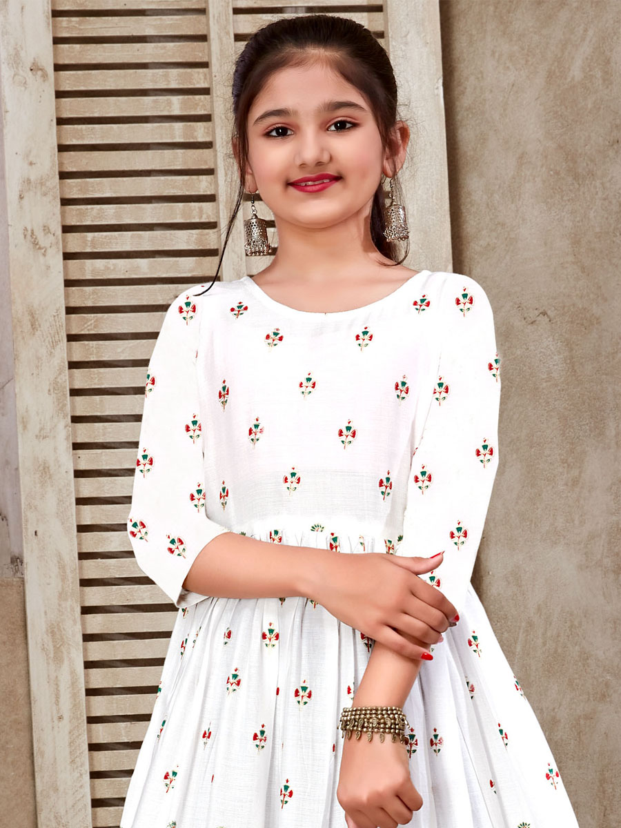White 14 KG Reyon Printed Festival Casual Salwars Girls Wear