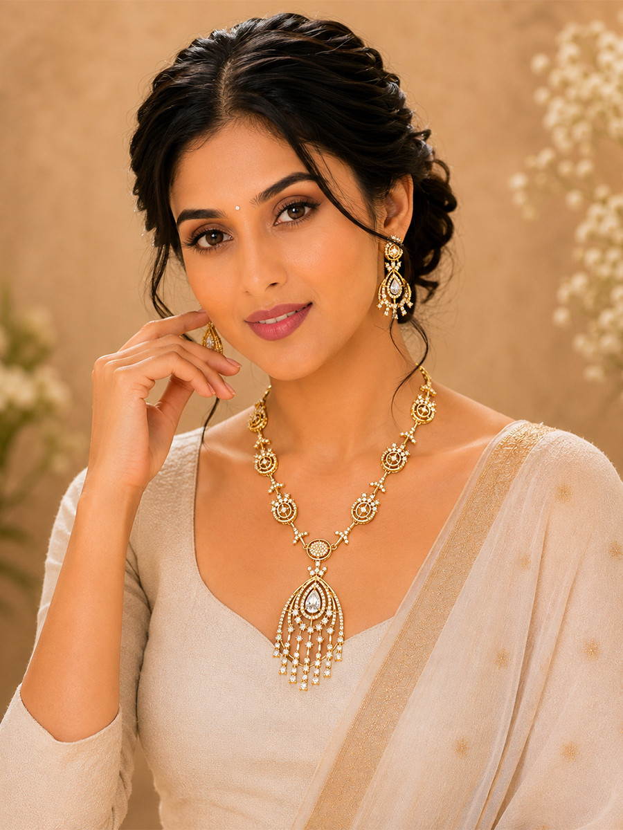 White AD Stone Gemstone Festival Party Wedding Necklace Set With Earrings