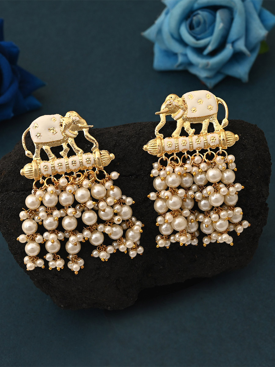 White Alloy Alloy Meenakari Pearls Traditional Festival Party Wedding 1 Pair Earrings