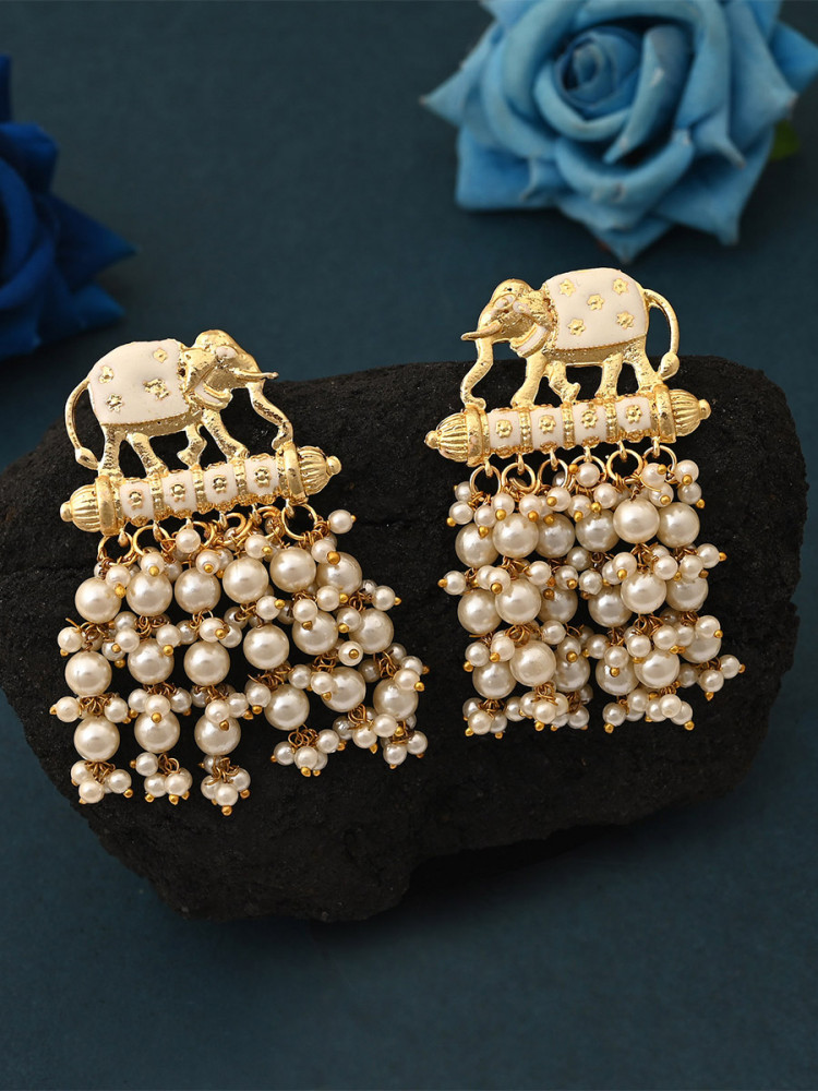 Image of White Alloy Alloy Meenakari Pearls Traditional Festival Party Wedding 1 Pair Earrings