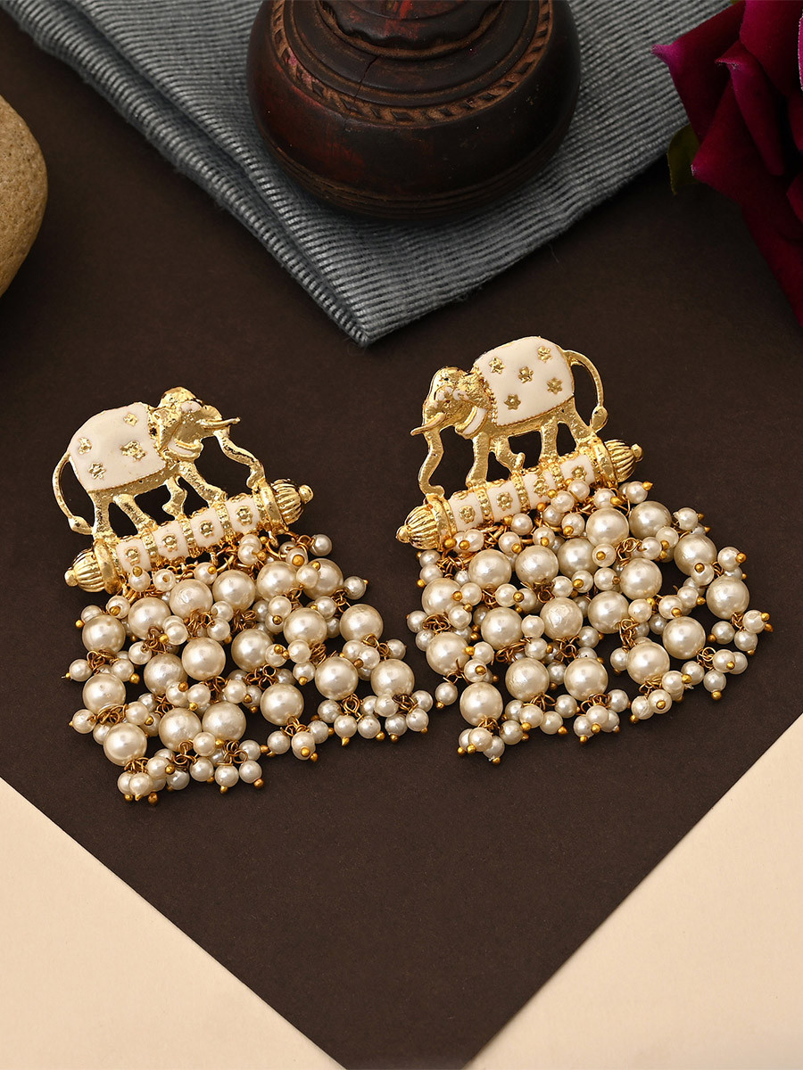 White Alloy Alloy Meenakari Pearls Traditional Festival Party Wedding 1 Pair Earrings