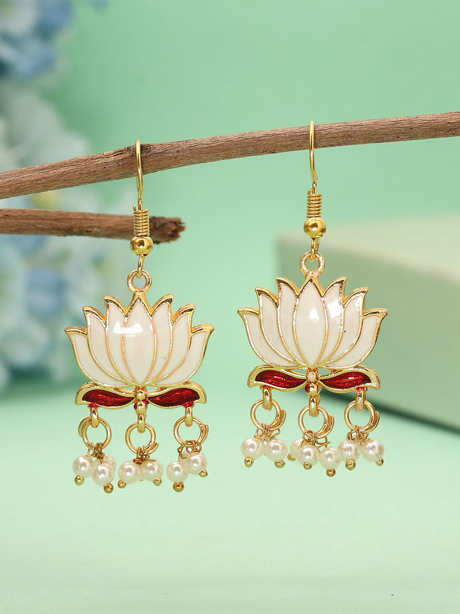 White Alloy Meenakari Pearls Festival Party Wedding Lotus Earrings