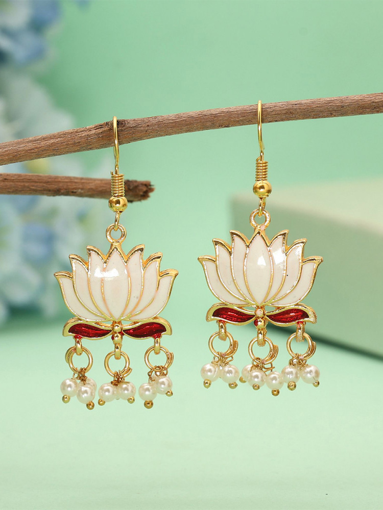 Image of White Alloy Meenakari Pearls Festival Party Wedding Lotus Earrings