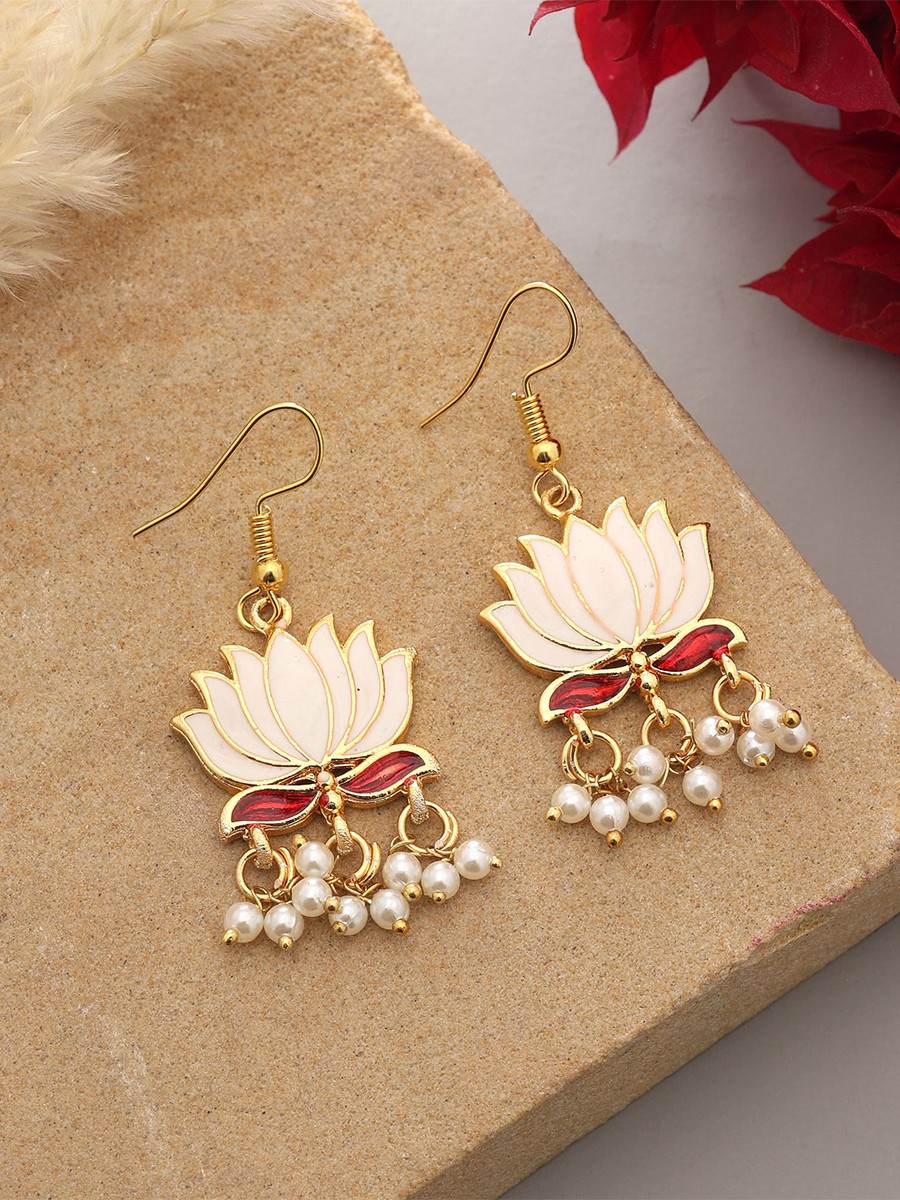 White Alloy Meenakari Pearls Festival Party Wedding Lotus Earrings