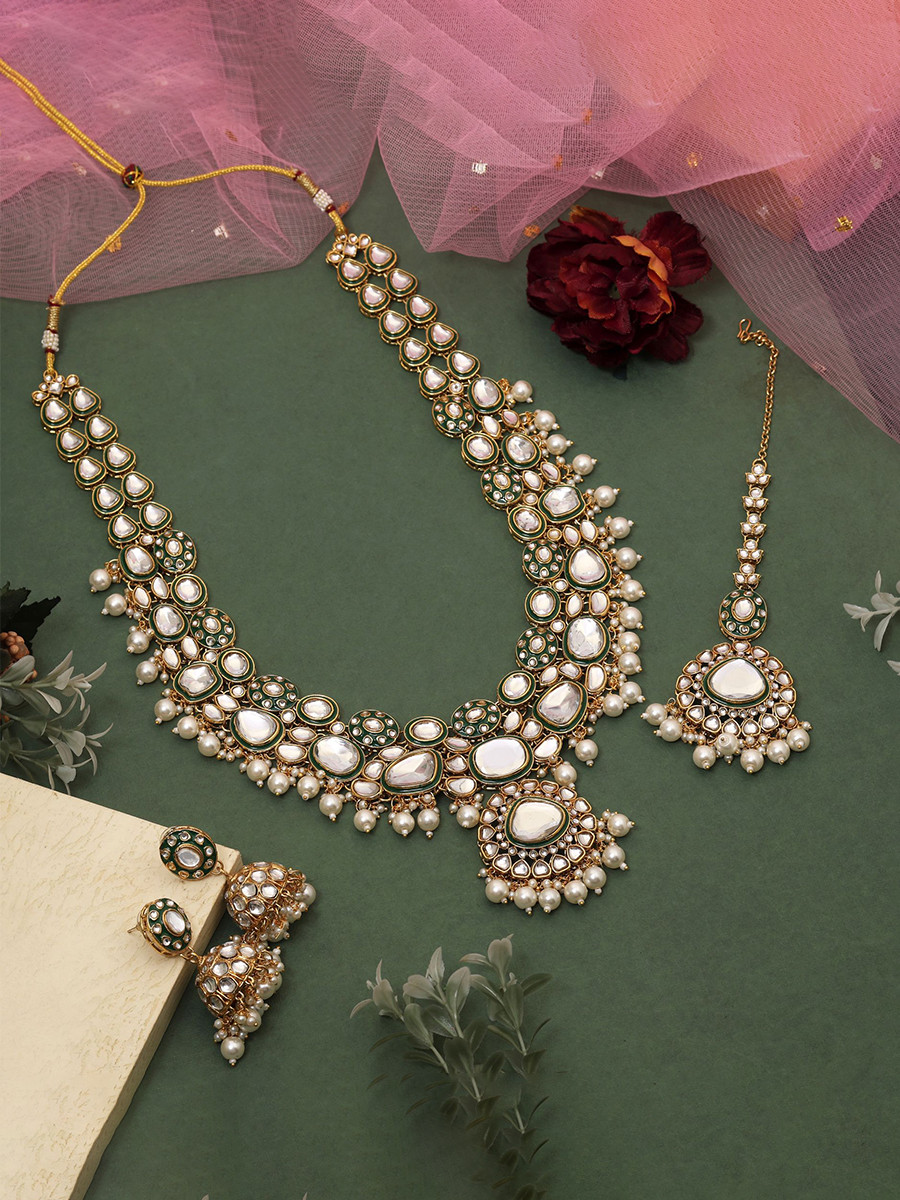 White Alloy Metal Wedding Festival Party Wear Kundan Necklace