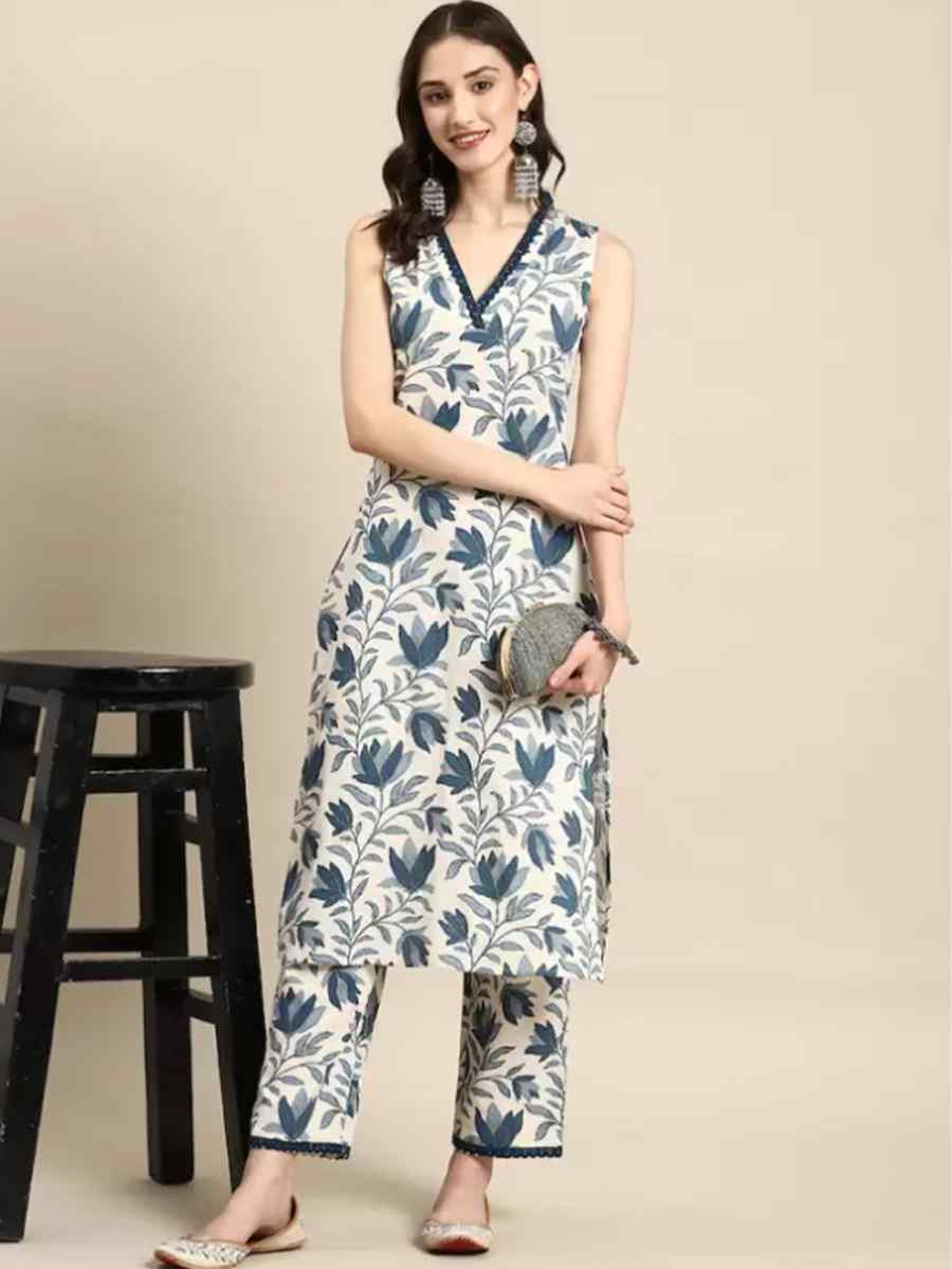 White & Grey Viscose Printed Party Wedding Ready Pant Salwar Kameez
