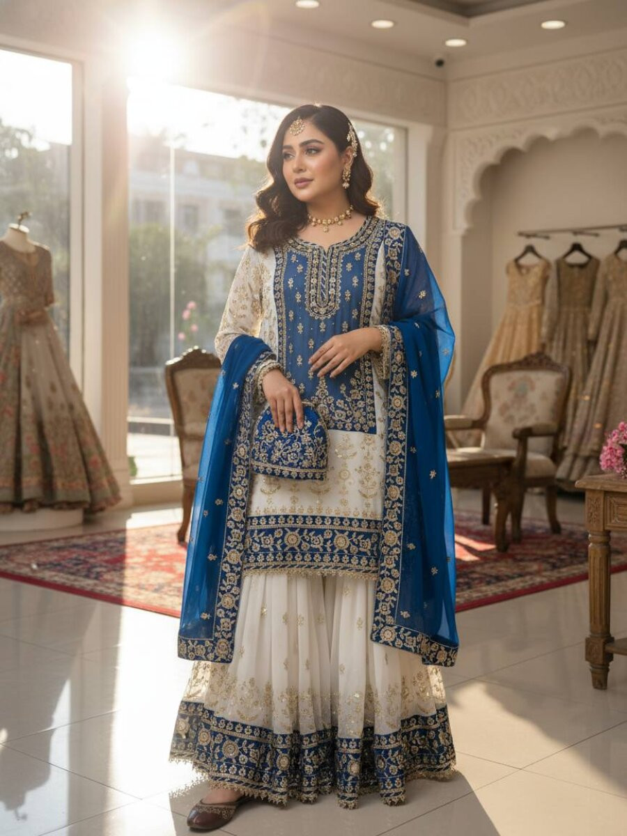 White And Blue Faux Georgette Embroidery Zari Sequins Wedding Party Festival Casual Sharara Pant Salwar Kameez