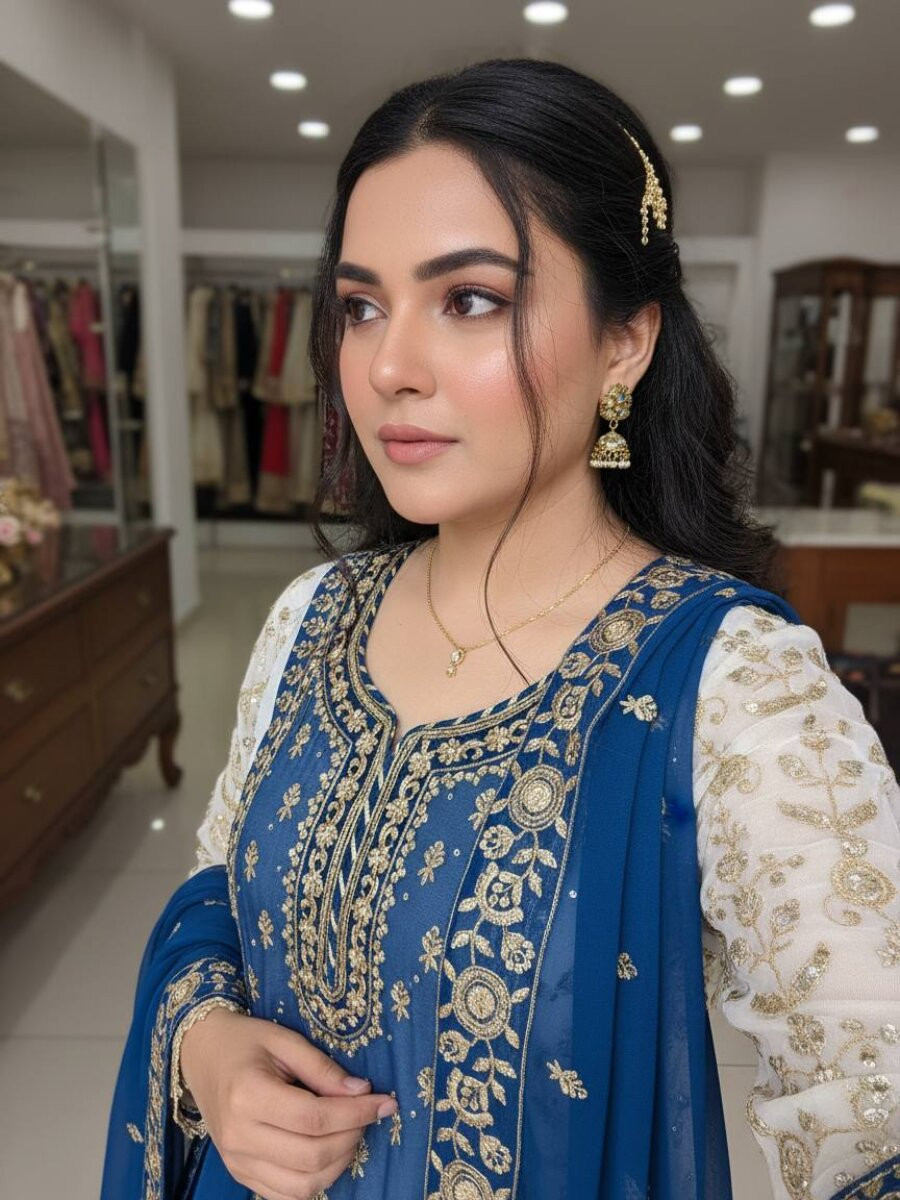 White And Blue Faux Georgette Embroidery Zari Sequins Wedding Party Festival Casual Sharara Pant Salwar Kameez