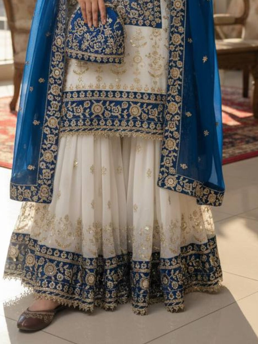 White And Blue Faux Georgette Embroidery Zari Sequins Wedding Party Festival Casual Sharara Pant Salwar Kameez