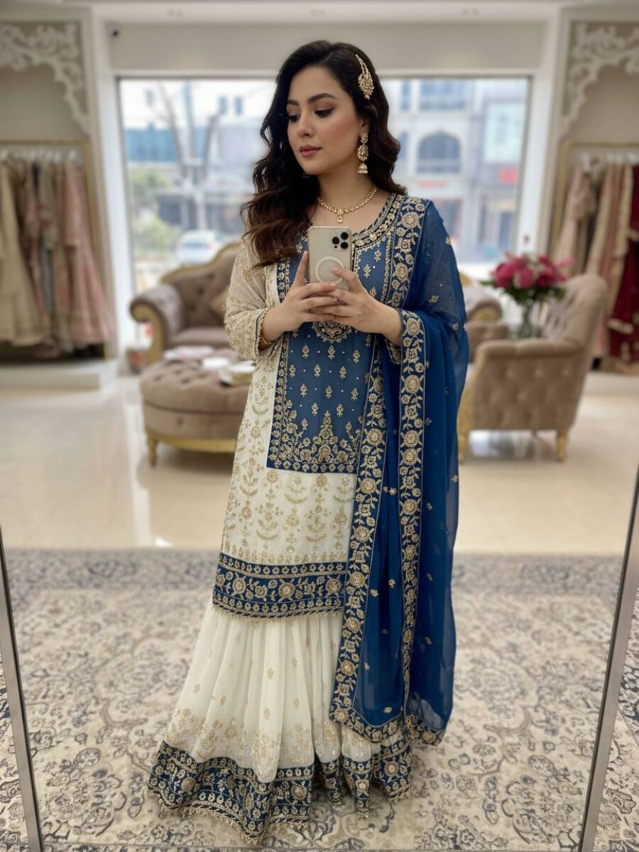 White And Blue Faux Georgette Embroidery Zari Sequins Wedding Party Festival Casual Sharara Pant Salwar Kameez