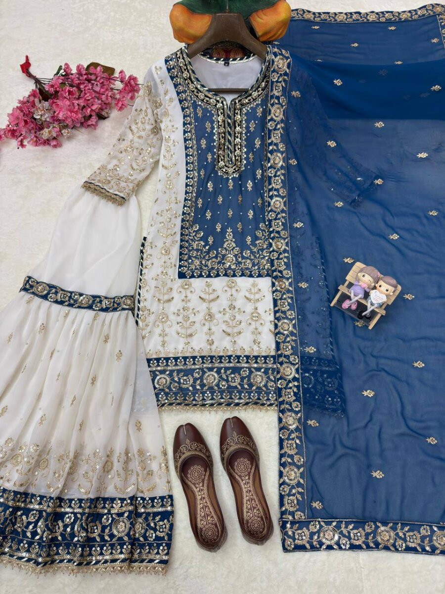 White And Blue Faux Georgette Embroidery Zari Sequins Wedding Party Festival Casual Sharara Pant Salwar Kameez