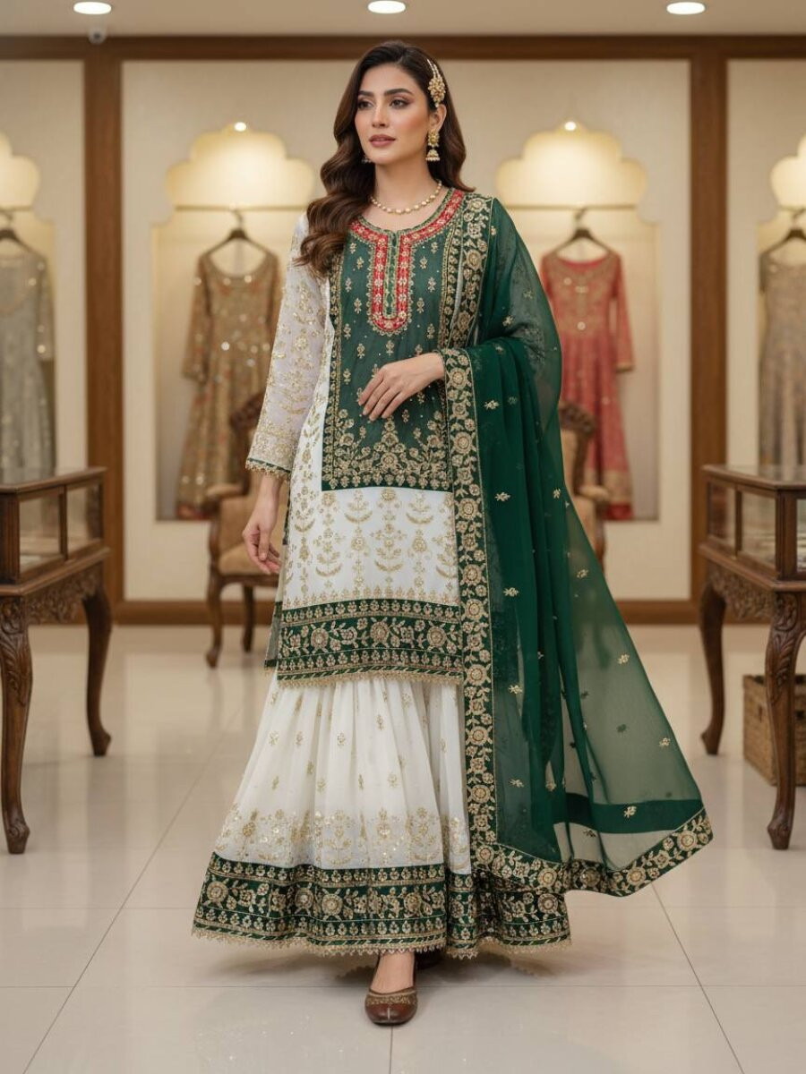 White And Green Faux Georgette Embroidery Zari Sequins Wedding Party Festival Casual Sharara Pant Salwar Kameez